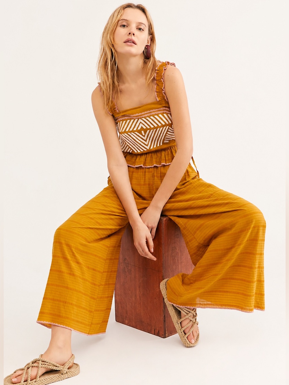 Free People Eva Co-Ord Embroidered Wide Leg Pants Crop Top Set Size Small NWT